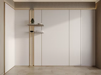 Modern Minimalist Bedroom Accent Wall With White Textured Surface And Wooden Floating Shelves 3d model