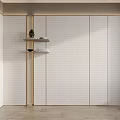 Modern Minimalist Bedroom Accent Wall With White Textured Surface And Wooden Floating Shelves