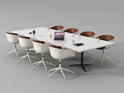 Modern Rectangular White Conference Table With Laptop Cups And White Brown Chairs 3d model