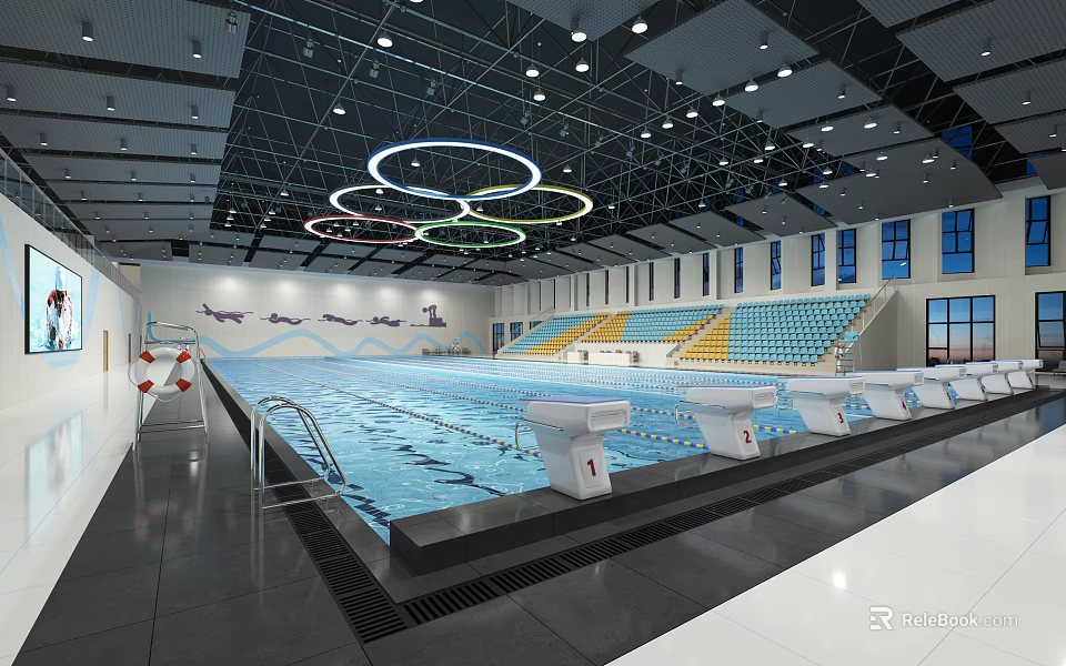 Modern Indoor Swimming Pool With Circular Ceiling Lights Blue Yellow Bleachers Starting Blocks And Windows 3d model 