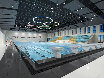 Modern Indoor Swimming Pool With Circular Ceiling Lights Blue Yellow Bleachers Starting Blocks And Windows 3d model