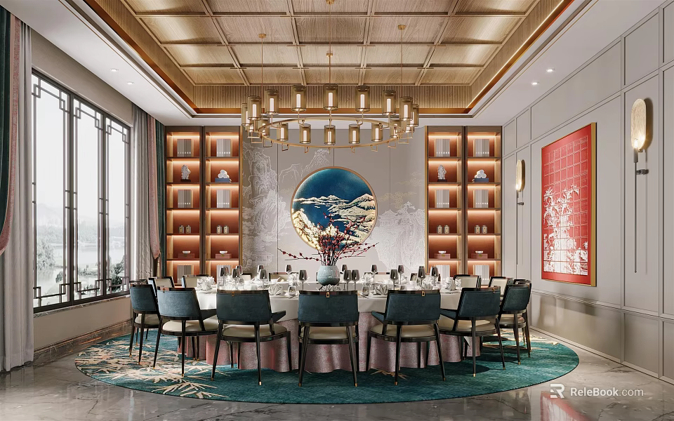 Chinese Style Elegant Private Dining Room With Round Table Chandelier Artwork Shelves And Large Windows 3d model 