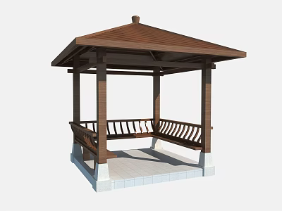 Outdoor Wooden Gazebo With Hexagonal Roof Bench And White Tile Base 3d model