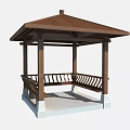 Outdoor Wooden Gazebo With Hexagonal Roof Bench And White Tile Base