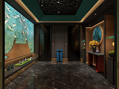 Modern Elevator Lobby Design With Crane Mural Marble Floor And Green Plants 3d model