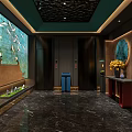 Modern Elevator Lobby Design With Crane Mural Marble Floor And Green Plants