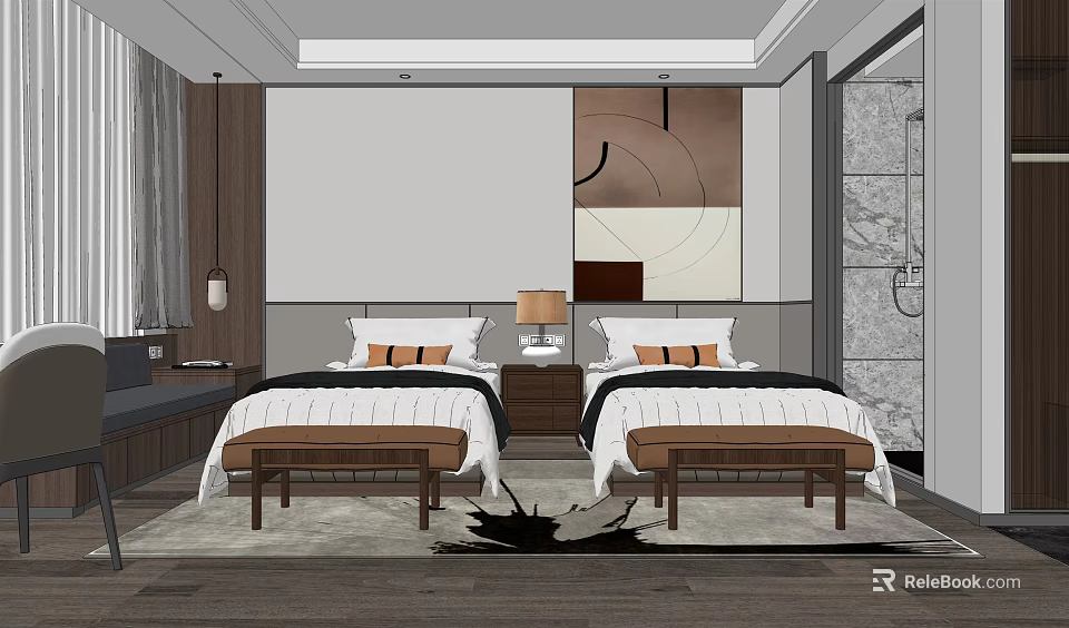 Modern Hotel Room Interior With Twin Beds Nightstands Table Lamps Decorative Art And Rug 3d model 