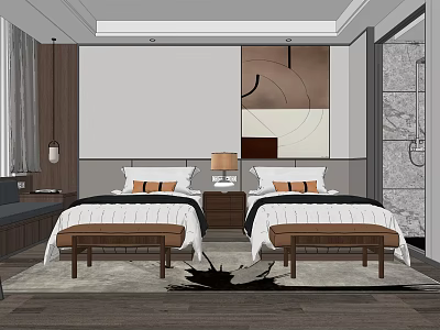 Modern Hotel Room Interior With Twin Beds Nightstands Table Lamps Decorative Art And Rug 3d model