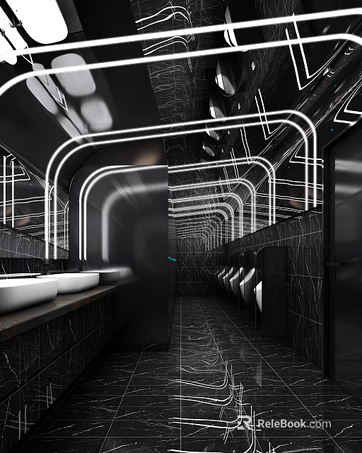 Modern Public Restroom with Black Marble Neon Lights Mirrors Multiple Sinks and Urinal 3d model