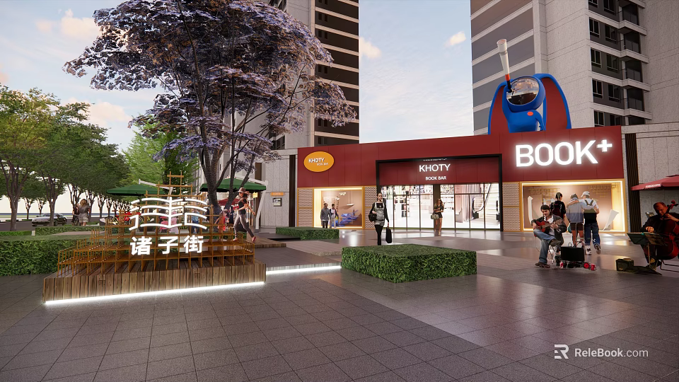 Lively Modern Commercial Street with Shops Pedestrians Trees and High rise Buildings 3d model 