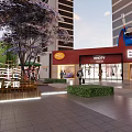 Lively Modern Commercial Street with Shops Pedestrians Trees and High rise Buildings