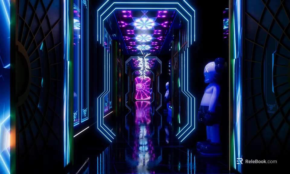 Modern KTV Corridor Interior With Vibrant Neon Lights And Reflective Floor Surfaces 3d model 