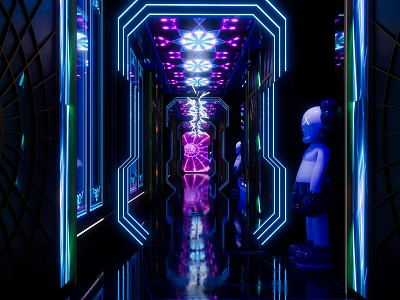 Modern KTV Corridor Interior With Vibrant Neon Lights And Reflective Floor Surfaces 3d model