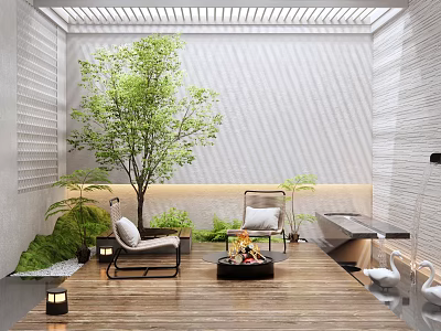 Modern Courtyard Garden With Wooden Floor Leisure Chairs Green Plants Striped Wall And Fire Pit 3d model
