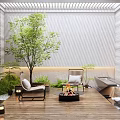Modern Courtyard Garden With Wooden Floor Leisure Chairs Green Plants Striped Wall And Fire Pit