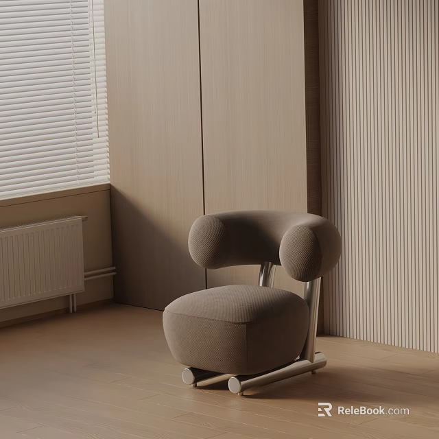 Modern Beige Upholstered Dining Chair Featuring Armrest Metal Legs And Wooden Wall 3d model 