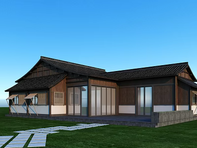 Traditional Style Guesthouse Building With Tiled Roof Wooden Structure Glass Windows And Lawn Stone Path 3d model