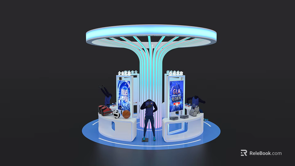 Modern Exhibition Island Design With Circular Top Blue Lighting Display Screens And Products 3d model 