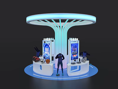 Modern Exhibition Island Design With Circular Top Blue Lighting Display Screens And Products 3d model