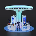 Modern Exhibition Island Design With Circular Top Blue Lighting Display Screens And Products