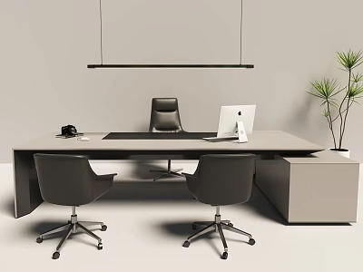 Modern Office Desk And Chair Set With Computer Cup Hanging Light And Potted Plant 3d model