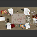 Cluttered Wooden Office Desk With Papers Pens Map Snack Bags And Documents