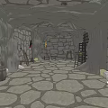 Cartoon Scene Interior With Wooden Structures Stone Walls Two Levels Stone Floor Furniture And Tools