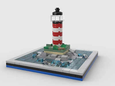 Red White Striped Lighthouse Building Blocks Model With Stone Base And Water Elements 3d model