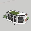 Modern Commercial Street with Storefronts Pedestrians Walking Parked Cars and Green Trees Under Clear Sky