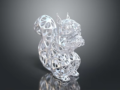 Intricate Hollow Silver Squirrel Sculpture With Artistic Metallic Detailed Mesh Structure And Reflective Surface 3d model