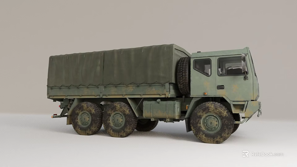Military Off Road Cargo Truck With Green Canvas Covered Bed And Multiple Wheels 3d model 