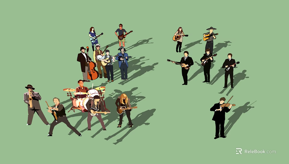 Group of People Playing Various Musical Instruments in Live Performance 3d model 