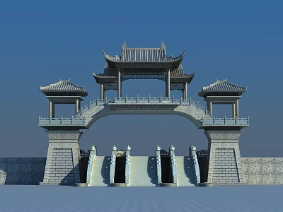 Traditional Chinese Style Stone Entrance Gate With Arched Design Ornate Eaves And Pavilions 3d model