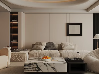 Modern Living Room Interior Design With Beige Sofa Marble Coffee Table Decorative Painting And Bookshelf 3d model