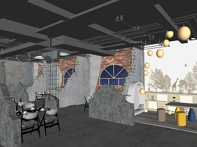 Industrial Style Restaurant Interior With Exposed Brick Concrete Walls Arched Windows And Pendant Lights 3d model