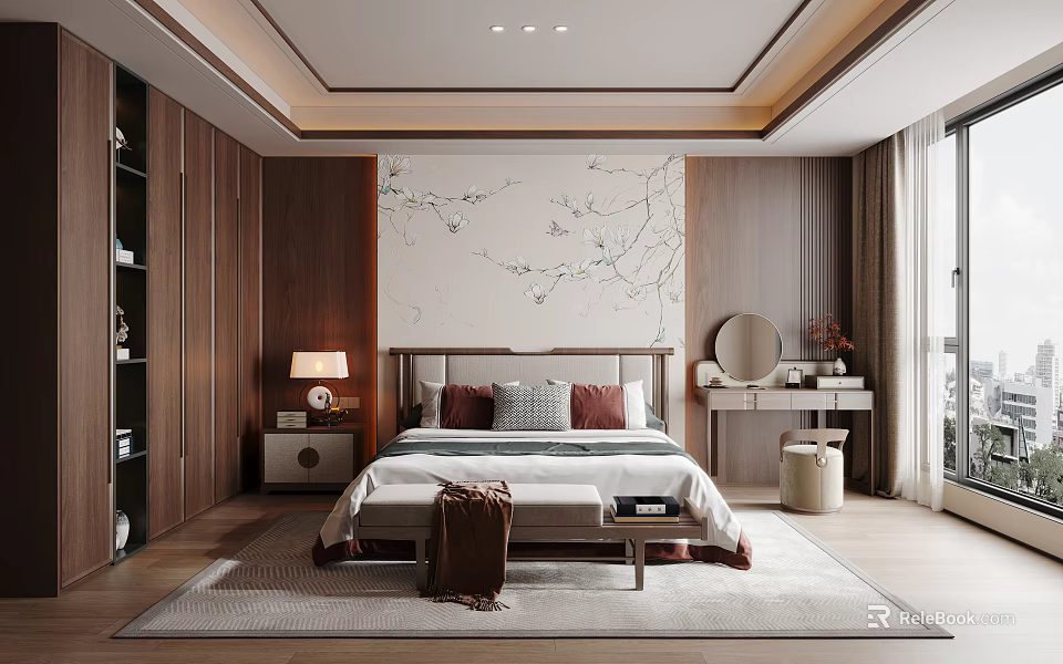 Modern Bedroom Interior With Wooden Furniture Headboard Background Wall Rug Nightstand And Lamp 3d model 