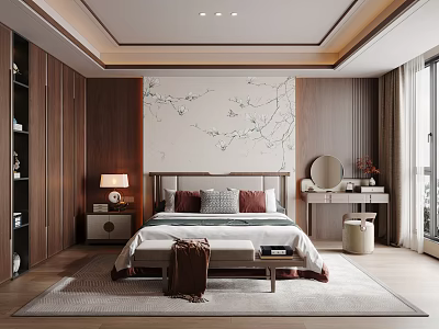 Modern Bedroom Interior With Wooden Furniture Headboard Background Wall Rug Nightstand And Lamp 3d model