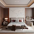 Modern Bedroom Interior With Wooden Furniture Headboard Background Wall Rug Nightstand And Lamp