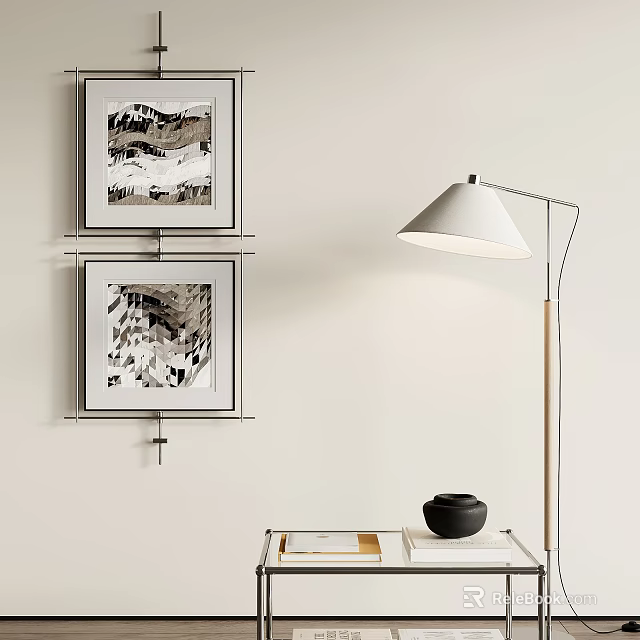 Stylish Framed Abstract Paintings On Wall With Modern Floor Lamp And Table Decor 3d model 