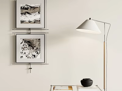 Stylish Framed Abstract Paintings On Wall With Modern Floor Lamp And Table Decor 3d model