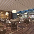 Spacious Restaurant Interior With Buffet Counter Marble Top Pendant Lights Large Windows And Wooden Flooring