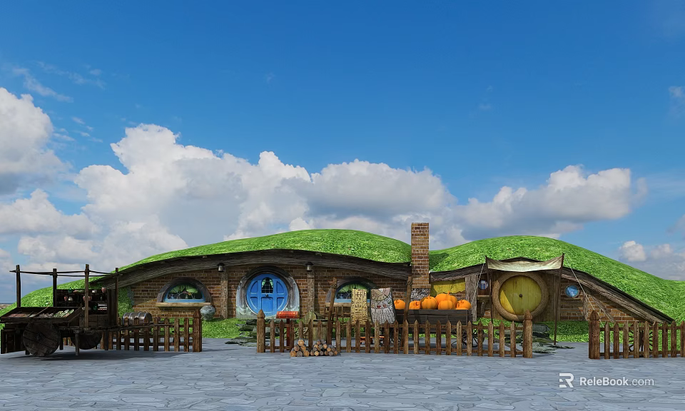 Charming Hobbit House With Green Turf Roof Round Blue Door Wooden Fence And Pumpkins 3d model 