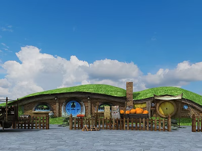 Charming Hobbit House With Green Turf Roof Round Blue Door Wooden Fence And Pumpkins 3d model