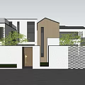 Modern Detached Villa Featuring White Exterior Gray Roof Open Courtyard Green Plants and Geometric Fence