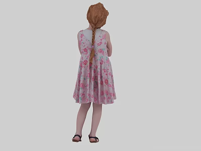 Woman With Red Braid Wearing Pink Floral Dress Black Sandals Back View Gray Background 3d model