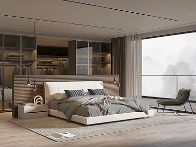 Modern Bedroom Interior With Large Bed Wooden Headboard Nightstand And Mountain View Window Chair 3d model
