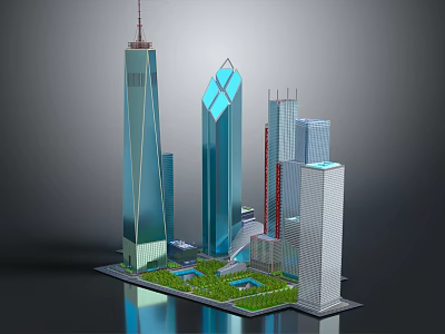 Modern City Skyscrapers with Unique Glass Facades and Green Urban Spaces 3d model