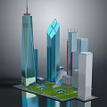 Modern City Skyscrapers with Unique Glass Facades and Green Urban Spaces