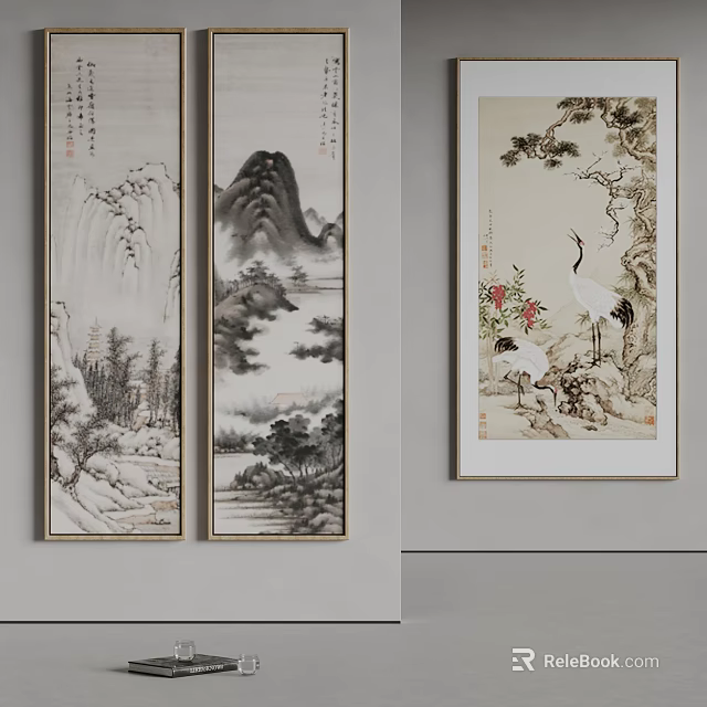Chinese Traditional Landscape Paintings Three Scrolls Featuring Mountains Rivers Crane Flowers And Trees 3d model 