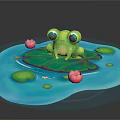Green Frog With Big Eyes Sitting On Lotus Leaf In Blue Water With Pink Flowers